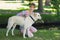 Pretty smiling blonde kneeling with her labrador in the park