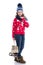 Pretty smiling little girl with curly hairstyle wearing knitted sweater, scarf and hat with skates isolated on white background.