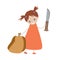 A pretty smiling little girl with a huge knife carries the big pumpkin. Funny Halloween card vector