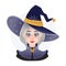 Pretty stargazer witch avatar for game or advertising. Halloween magician girl with big hat with space. Ancient dress