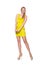 The pretty tall woman in short yellow dress