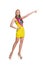 Pretty tall woman in short yellow dress isolated