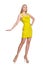 Pretty tall woman in short yellow dress isolated