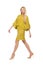 Pretty tall woman in yellow dress isolated on the