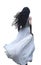 pretty teen girl running away. back rear view. long white dress. long black hair. transparent PNG. fleeing away.