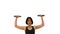 Pretty Thai Asian sportswoman is lifting dumbbell with shoulder press posture.