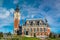 pretty town hall landscape of the city of Calais in summer and its famous statues of the six Bourgeois