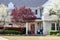 Pretty two story house with rock bottom and white frame with shutters on top in springtime with pansies and flowering trees and