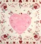 Pretty Valentine`s Day Card with Pink Doily Heart on a Vintage Handkerchief.