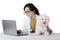 Pretty veterinarian uses laptop with dog on desk