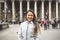 Pretty visitor standing in front of famous British Museum in London, Great Britain