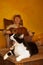 Pretty Western Woman with Guitar and cat