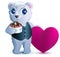 Pretty white bear holds basket ice cream and red heart
