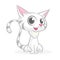 Pretty white cat cartoon with fluffy tail. Vector illustration.