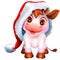 Pretty white cow calf symbol of 2021 new year. Nice baby bull in santa claus hat