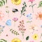 Pretty wildflowers seamless with on pink background. Hand-painted cute summer flowers, bees, butterflies botanical print