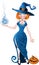 Pretty witch with fireball in blue dress and pumpk