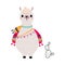 Pretty Wolly Llama or Alpaca Wearing Knitted Scarf Standing Vector Illustration