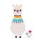 Pretty Wolly Llama or Alpaca Wearing Knitted Scarf with Tassel Vector Illustration