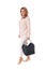 Pretty woman with black wicker tote bag.Isolated.