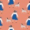 Pretty woman and dalmatian. Cute spotted purebred dog and young girl in blue skirt and blue beret. Vector illustration.