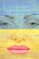 Pretty woman face with tear on Ukranian flag background.