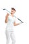 Pretty woman golfer on white background in studio