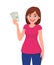 Pretty woman holding cash/currency/money in hand.