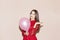 Pretty woman holds air balloon. valentines day, birthday, womens day, anniversary, holiday celebration concept