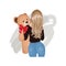 Pretty woman hug a giant teddy bear doll
