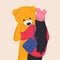 Pretty woman hug a giant teddy bear doll. Fashion girl illustration