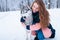 Pretty woman hugs with siberian husky