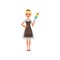 Pretty woman maid holding colorful dust brush. Hotel cleaning service. Cartoon blond girl character wearing dress, apron