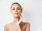 pretty woman nude shoulders face makeup yellow flower