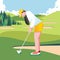 Pretty woman playing golf ready to hit the ball in the fields wearing casual outfit vector illustration