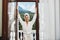 pretty woman with towel on her head luxury hotel mountains landscape