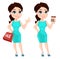 Pretty woman in vibrant dress, holding coffee and holding paper bag for sale.