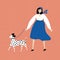 Pretty woman walking the dalmatian. Cute purebred dog and young girl in blue skirt and blue beret. Vector illustration.