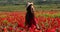 Pretty woman walks in a red field of flowers and touches her hands poppy. Young beautiful woman with charming smile