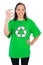 Pretty woman wearing green recycling tshirt showing okay sign
