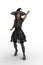 Pretty woman in whimsical Halloween witch costume reacing a hand up to the sky. Isolated 3D illustration