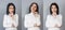 Pretty woman in a white sweater looks at the camera. Portrait of a successful businesswoman. Three portraits linked