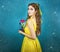 Pretty woman in the yellow long dress closeup with red rose in her hands. Beauty and the beast cosplay art processing