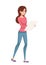 Pretty women standing and hold white paper list. Cartoon character design. Cute brown hair girl. Flat  illustration isolated