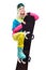 Pretty young blonde woman in colorful snow coat hold snowboard