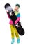 Pretty young blonde woman in colorful snow coat hold snowboard