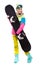 Pretty young blonde woman in colorful snow coat hold snowboard
