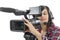 pretty young brunette girl with a professional camcorder, on white