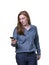 Pretty young business woman talking to mobil phone over white background.
