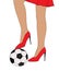 Pretty young girl holds soccer ball under shoe heel. Hand drawn color sketch. Conceptual vector illustration women in
